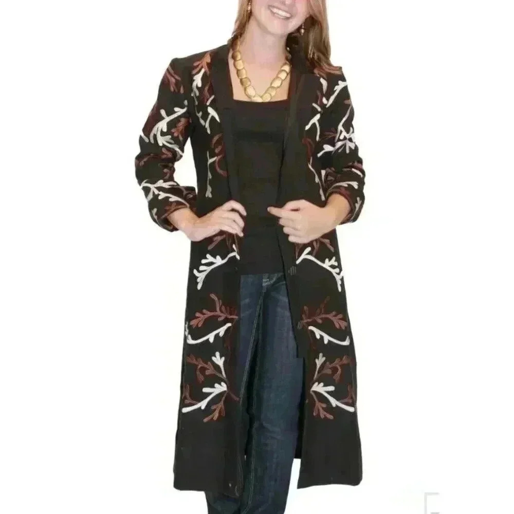 Gretchen Scott Twill Twig Jacket Black Embroidered Button Front Small